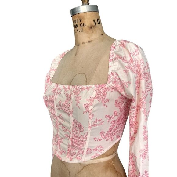 Pink Floral Corset Crop Top with Puff Sleeves Size S - Picture 3 of 4